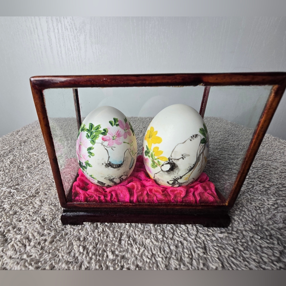 Decorative Two Floral Egg Set with Display Case - Picture 2 of 10